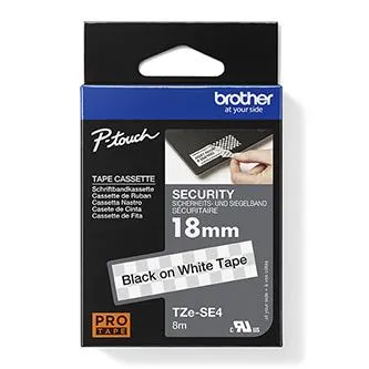 Brother originální páska do tiskárny štítků, Brother, TZE-SE4, černý tisk/bílý podklad, laminovaná, 8m, 18mm, plombovací