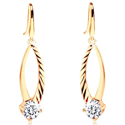 Zlaté náušnice 585 - kontura zrnka zdobená zářezy, kulatý čirý zirkon