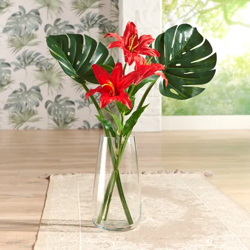 Větvička Červená lilie s listy monstery