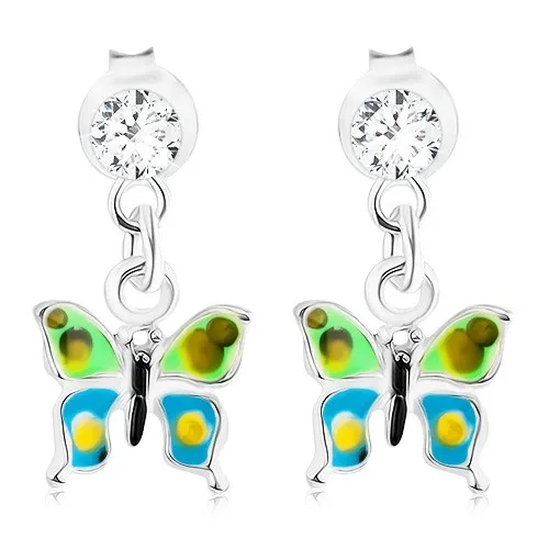 Stříbrné náušnice 925, zeleno-modrá glazura, puntíkovaný motýl, krystal