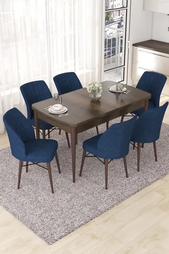 Extendable Dining Table & Chairs Set (7 Pieces) Nef - Baroque, Navy Blue