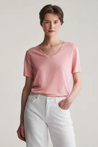 TRIČKO GANT REG LINEN V-NECK SS T-SHIRT GERANIUM PINK