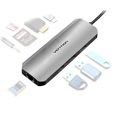 Vention Type-C (USB-C) to HDMI / 3x USB3.0 / RJ45 / SD / TF / 3.5mm / PD 0.15M Gray Aluminum Alloy T (TOLHB)