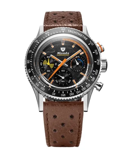 Nivada Grenchen Chronoking Mecaquartz Racing Carbon - Inter. Bezel - Brown Racing Strap