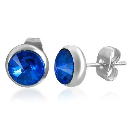 Kulaté náušnice z oceli - tmavě modrý měsíční kámen, puzetky