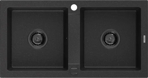 MEXEN/S Mario granitový dřez 2-bowl 820 x 436 mm, černá/stříbrný metalik, + černý sifon 6504822000-73-B