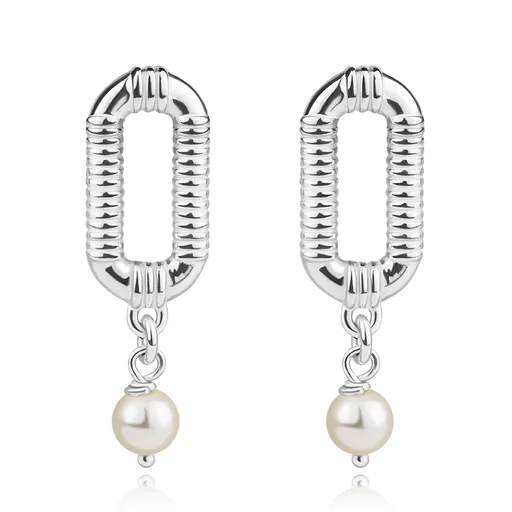 Stříbrné 925 náušnice - ovál s drážkami, syntetická perla, puzety