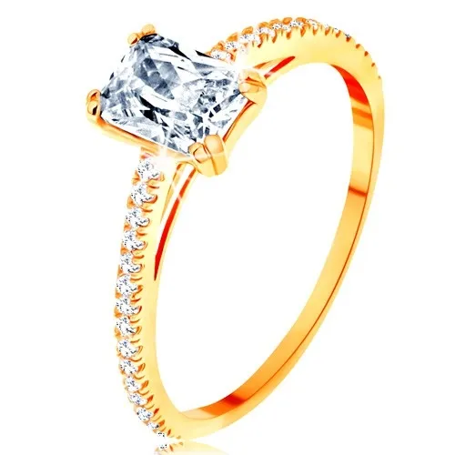 Prsten ze žlutého 14K zlata - vystupující zirkonový obdélník, linie čirých zirkonků - Velikost: 54