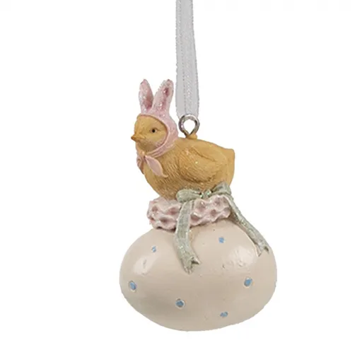 Béžová závěsná dekorace kuřátko králíček na vajíčku - 4*3*7 cm Clayre & Eef