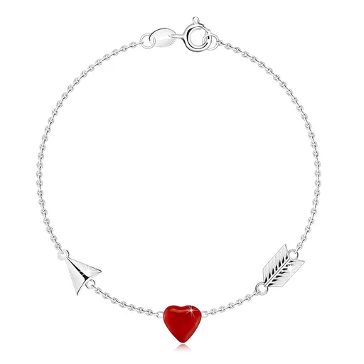 Stříbrný náramek 925 - Amorův šíp, srdce červené srdce