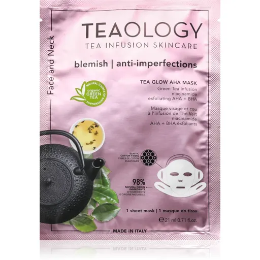 Teaology Tea Glow Blemish AHA Purifying Mask plátýnková maska s čisticím a osvěžujícím účinkem na krk a dekolt 21 ml