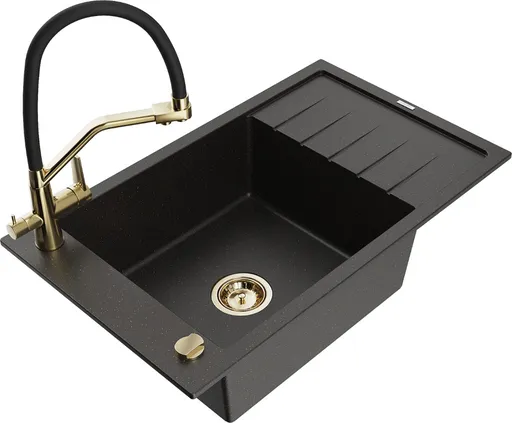 MEXEN/S Elias granitový dřez s odkapávačem včetně baterie Duo, černá/zlatá metalik 6511-75-671701-57-G