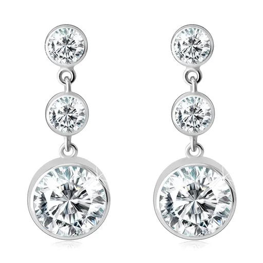 Náušnice z bílého 585 zlata - tři kulaté objímky, třpytivé čiré zirkony, puzety