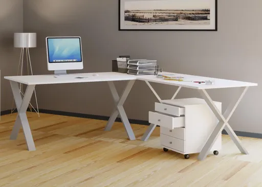 VCM Rohový stůl Lona 190x130x50 X-nohy, bílý