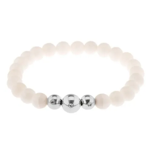 Elastický náramek na ruku, lesklé bílé kuličky, tři ocelové korálky