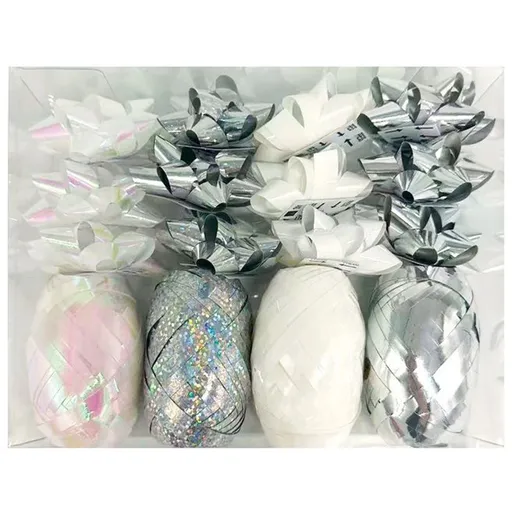 Anděl Přerov Sada na balení dárků stříbrná, rozeta 5 x 2 x 5 cm 12 ks, stuha 0,5 cm x 10 m 4 ks