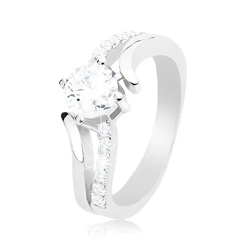 Stříbrný prsten 925, rozdvojená zvlněná ramena, kulatý čirý zirkon - Velikost: 52