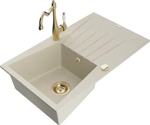 MEXEN/S Cesar granitový dřez 1-miska s odkapávačem včetně baterie Carla, béžová 6514-69-670700-50