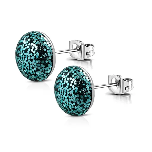 Náušnice z chirurgické oceli - modrozelené třpytky v kroužku, puzetky