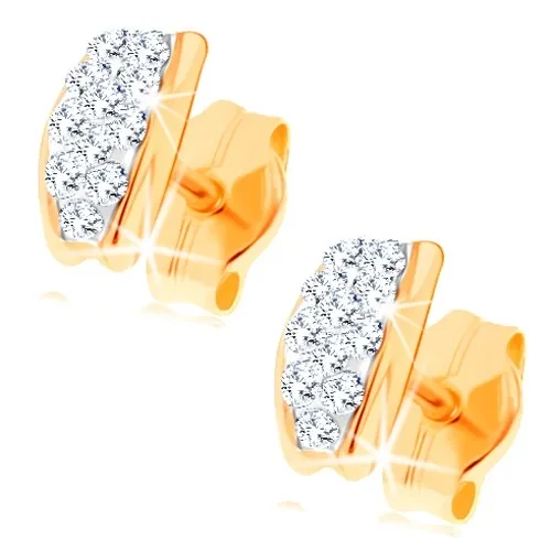 Puzetové náušnice ve žlutém 14K zlatě - oblouček vykládaný krystaly Swarovski