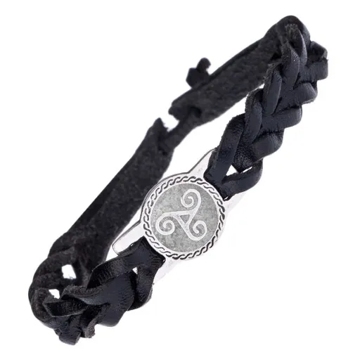 Kožený náramek na ruku - černý pletenec, kovová známka, spirály