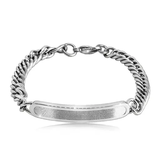 Náramek z oceli - lesklý zaoblený pás s gravírovanými linkami, řetízek ze zatočených oček, karabinka