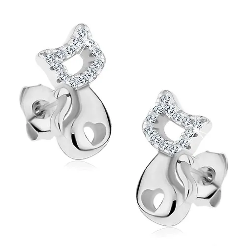 Stříbrné náušnice 925, lesklá kočka se srdíčkovitým výřezem a čirými zirkony