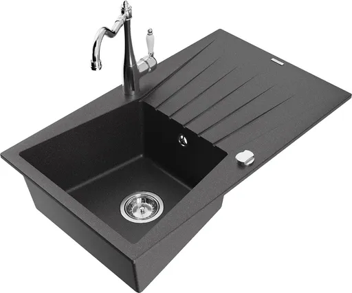 MEXEN/S Cesar granitový dřez 1-miska s odkapávačem včetně baterie Carla, černá kropenatá 6514-76-670700-00