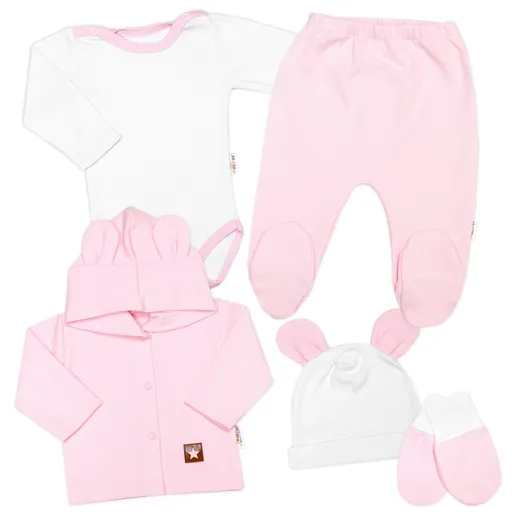 Baby Nellys Žebrovaná sada, Star 5D, body, polodupačky, kabátek, čepička - růžová, bílá,68