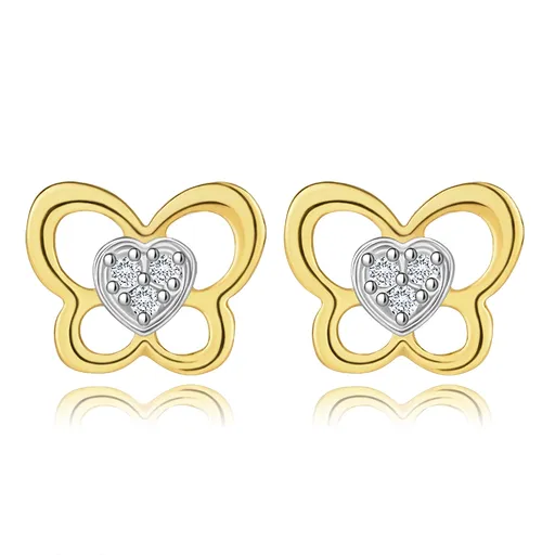 Náušnice ze smíšeného zlata 585 - kontura motýla, srdce s brilianty