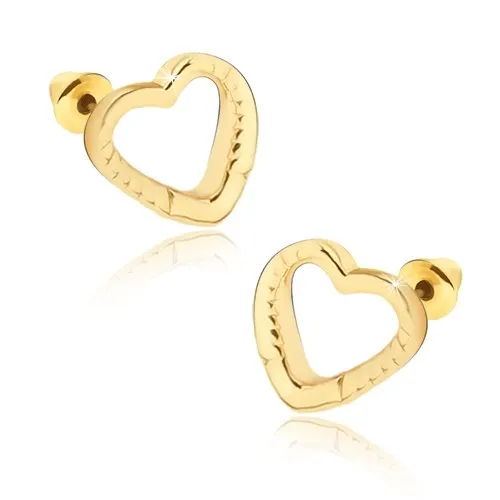 Náušnice zlaté barvy, souměrné kontury srdcí se zářezy