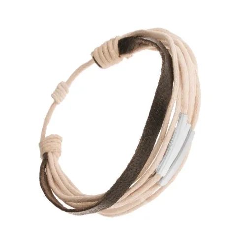 Nastavitelný šňůrkový náramek, béžová a černá barva, články z oceli