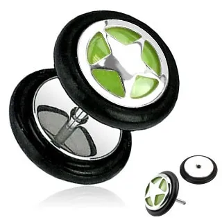 Fake plug do ucha z oceli svítící ve tmě, stříbrná barva, vyřezaná hvězda