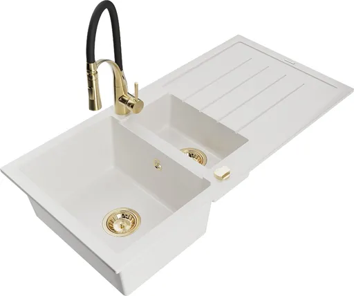 MEXEN/S Andres granitový dřez s odkapávačem včetně baterie Aster, bílá 6515-20-73450-57-G