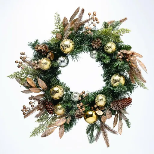 ACA Lighting vánoční adventní věnec bobule a zlaté ornamenty 60cm průměr X096017