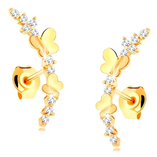 Náušnice ze žlutého 14K zlata - čirá zirkonová větvička, lesklí motýli
