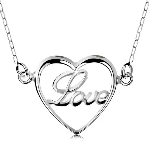 Náhrdelník ze stříbra 925, řetízek a přívěsek - tenký obrys srdíčka, nápis Love