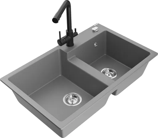 MEXEN/S Tomas granitový dřez 2-bowl včetně baterie Duero, šedá 6516-71-671600-70