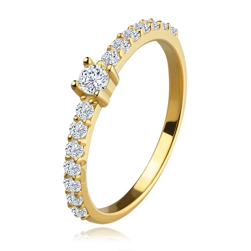 Prsten ze stříbra 925 - vyvýšený zirkon uprostřed, ramena se zirkony, pozlacený - Velikost: 49