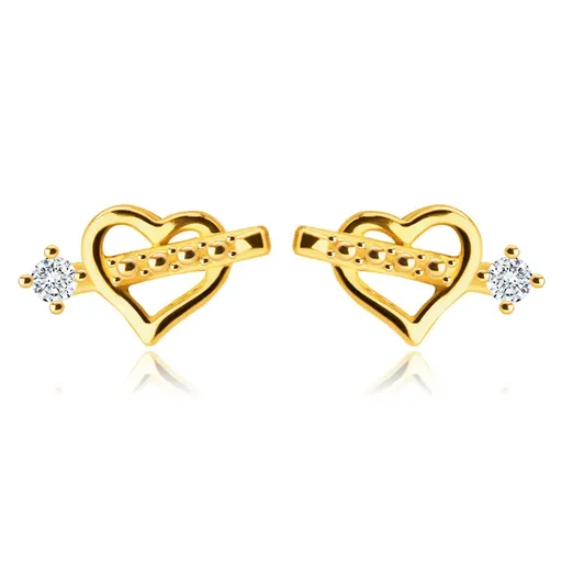 Náušnice ze 14K zlata - srdíčko s Amorovým šípem, zirkon v kotlíku, puzetky