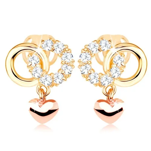 Náušnice z kombinovaného 14K zlata s propojenými kruhy a srdcem