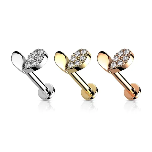 Labret na ret a bradu z oceli - slzy ve tvaru srdce, kubická zirkonie, vnitřní závit, 8 mm - Barva: Stříbrná