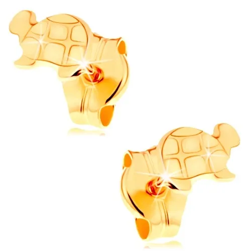 Zlaté náušnice 585 - lesklá želva s gravírovanými detaily