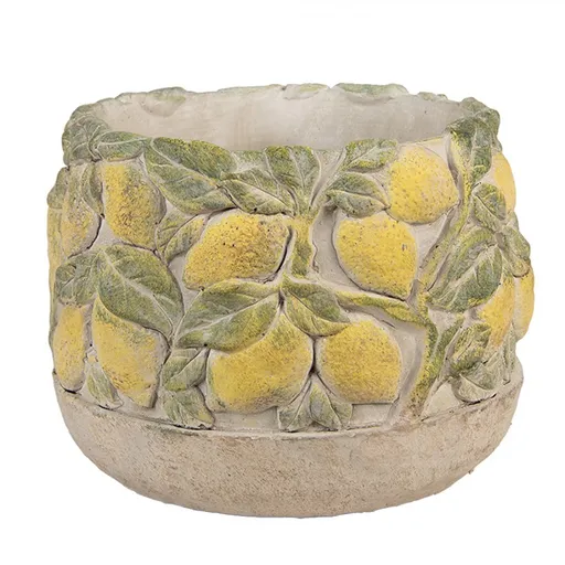 Béžový antik cementový květináč zdobený citróny Lemoni - Ø 19*15cm Clayre & Eef