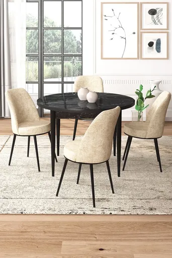 Dining Table & Chairs Set (5 Pieces) Tor - Black Marble, Cream