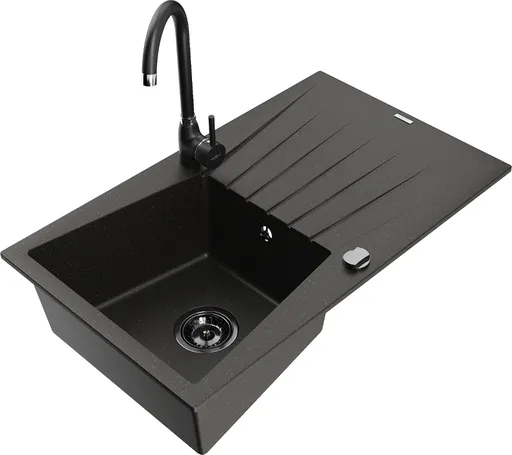 MEXEN/S Cesar granitový dřez s odkapávačem včetně baterie Telma, černá/zlatá 6514-75-670200-70-B