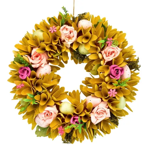 Jarní věnec z dřevěných hoblinek s květy růžiček, 30 cm