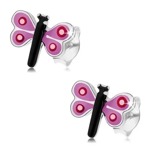 Puzetové náušnice ze stříbra 925, barevný malý motýl, fialová křídla