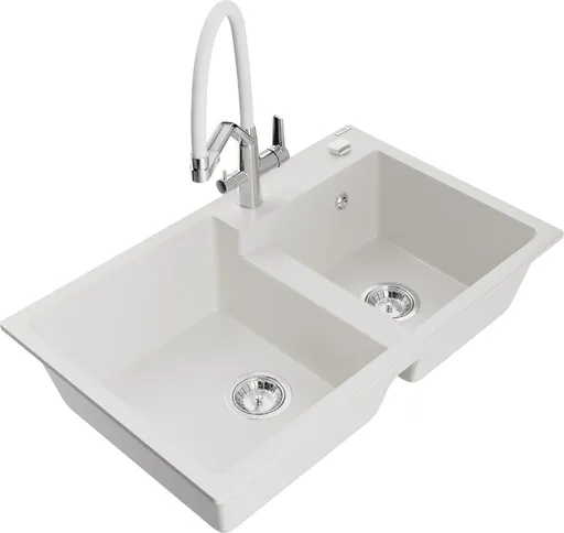 MEXEN/S Tomas granitový dřez 2-bowly včetně baterie Duo, bílá 6516-20-671701-02