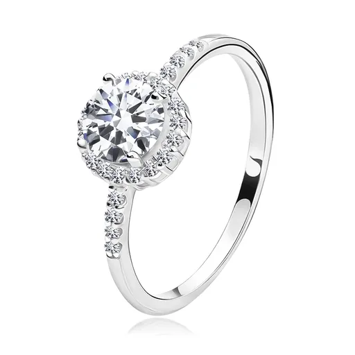 Prsten ze stříbra 925 - čirý zirkon uprostřed, zirkonový lem a ramena - Velikost: 51